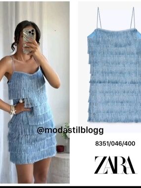 ZARA Baby Blue Layered Fringe Mini Dress